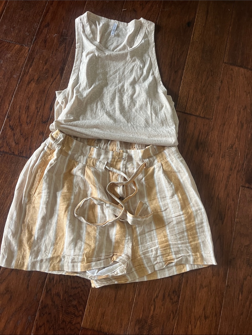 Lightweight Cream Tank with Yellow Striped Drawstring Shorts